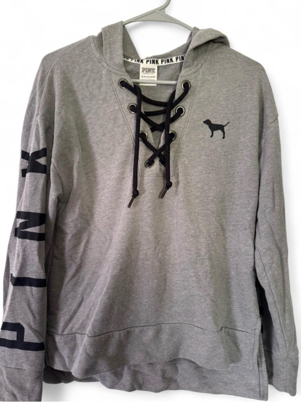 PINK Victoria's Secret by Victoria's Secret Gray Lace-Up Hoodie